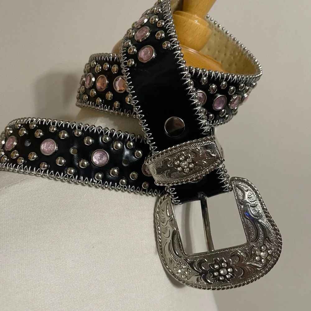 Leather Studded Black Western Belt with Pink Gem Accents